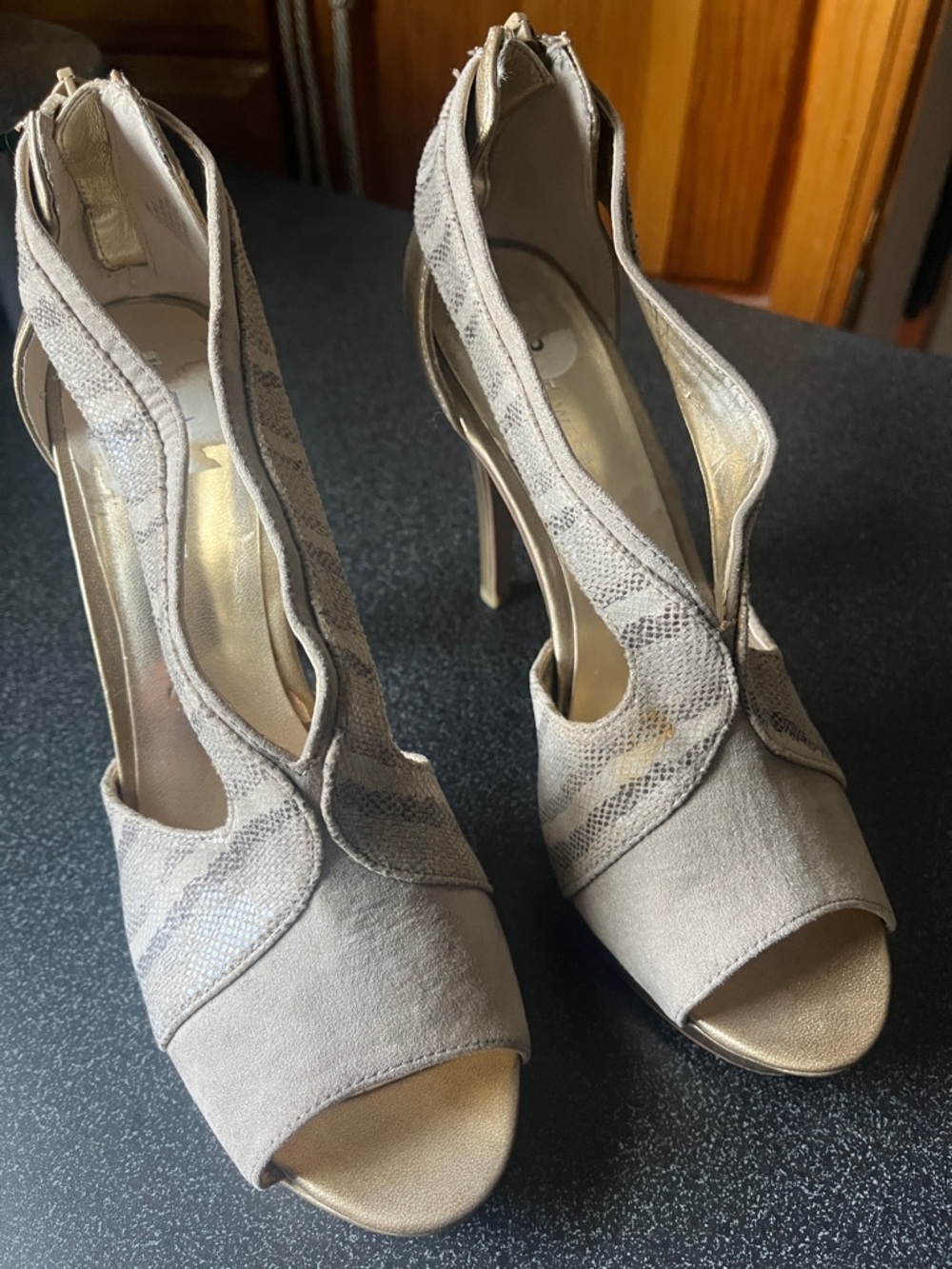 Nine West Taupe Open-Toe Suede Ankle-Strap Heels